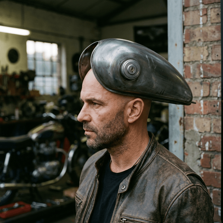 Man wearing a metal motorcycle fuel tank helmet in a garage