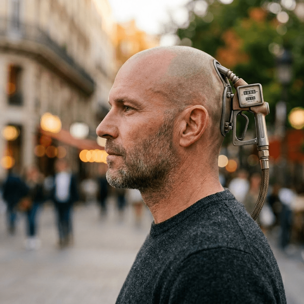 Profile of a bald man with a short beard looking forward on a city street with blurred people and lights in the background