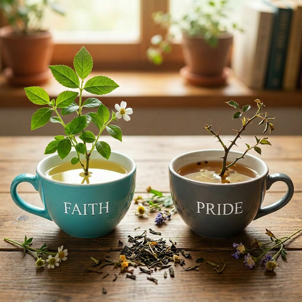 Blue cup labeled FAITH with a healthy green plant and grey cup labeled PRIDE with a drying plant