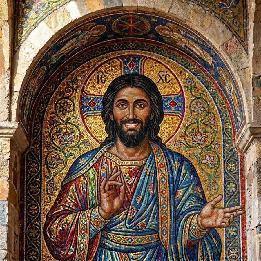Byzantine mosaic of Jesus Christ holding an open book with Greek inscriptions and making a blessing gesture