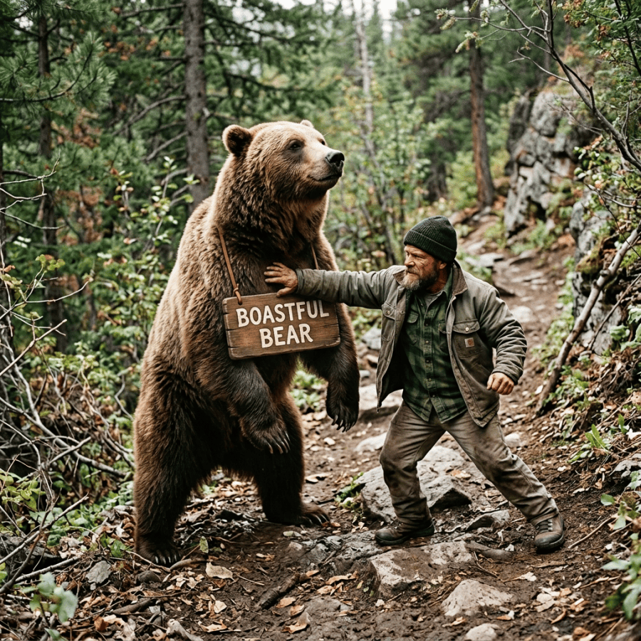 Man in outdoor clothing reaching out to a standing brown bear in a forest trail