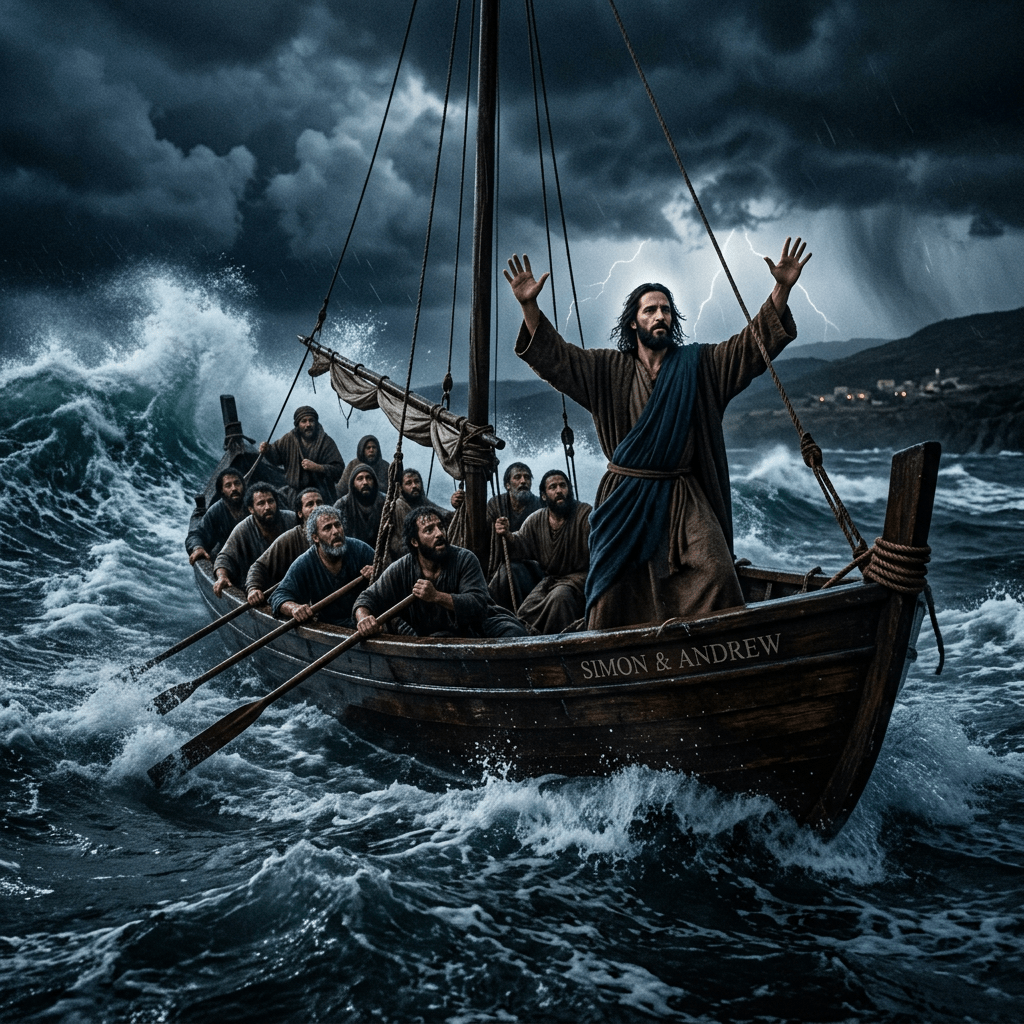 Man standing on boat raising arms during stormy sea with rowing men