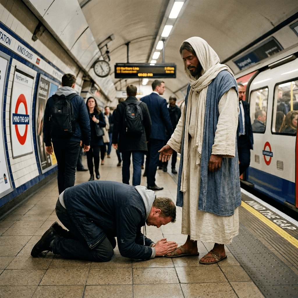 Man kneeling and bowing in front of a robed man like Jesus on a crowded subway platform