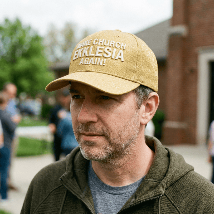 Man wearing a cap that reads 'MAKE CHURCH EKKLESIA AGAIN!' outdoors