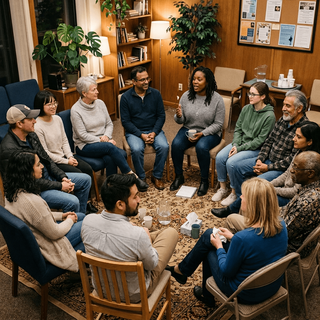 Diverse group sitting in a circle in a cozy room, engaging in discussion