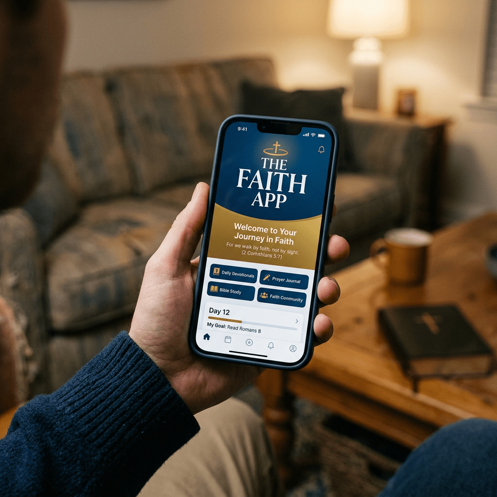 Hand holding smartphone displaying The Faith App with devotional and Bible study options