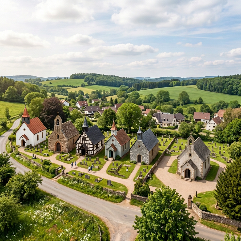 five small historical churches and one large Gothic cathedral in a rural village surrounded by green fields and trees