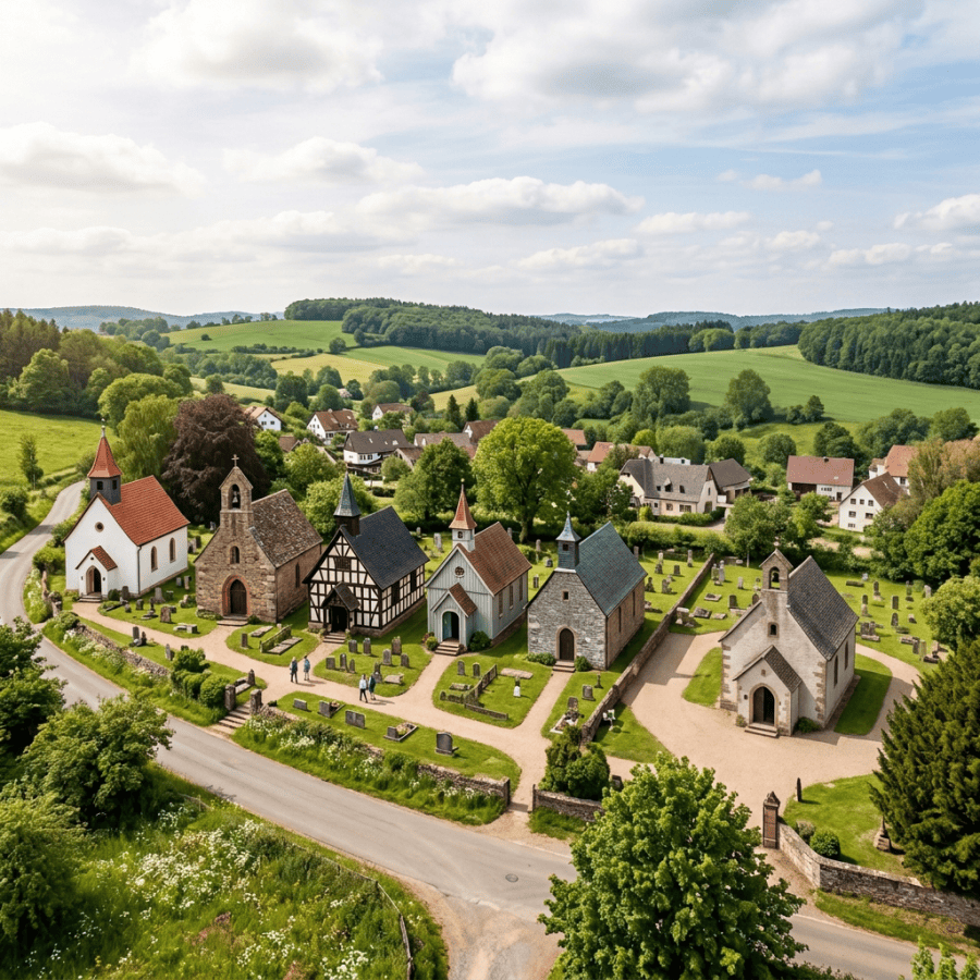 five small historical churches and one large Gothic cathedral in a rural village surrounded by green fields and trees