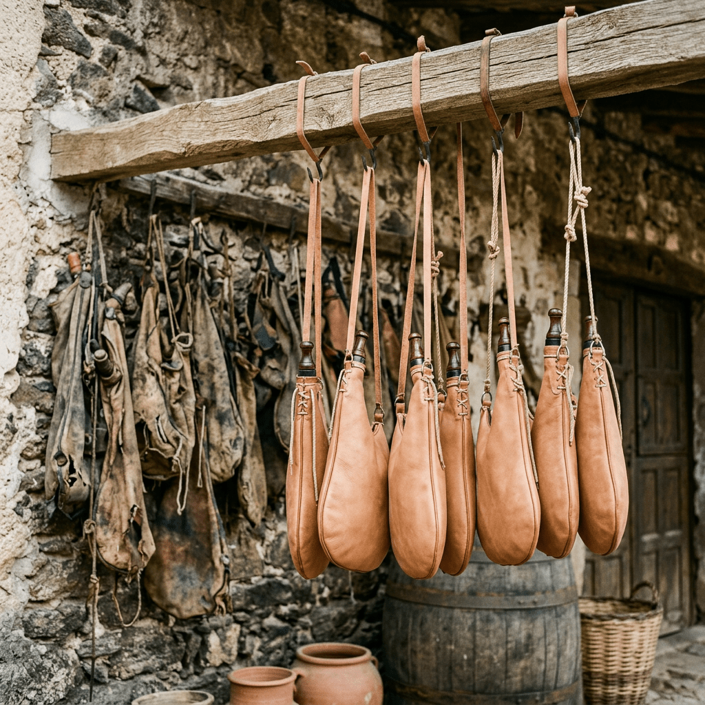 Traditional leather bota bags hanging on wooden hooks against a stone wall