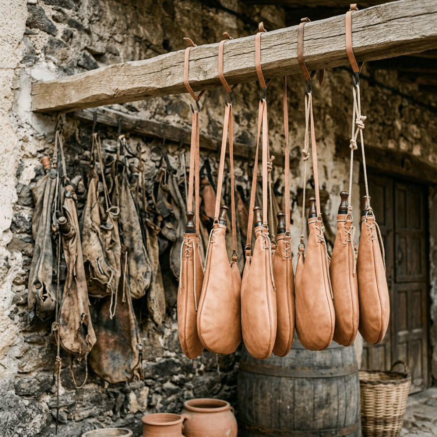 Traditional leather bota bags hanging on wooden hooks against a stone wall