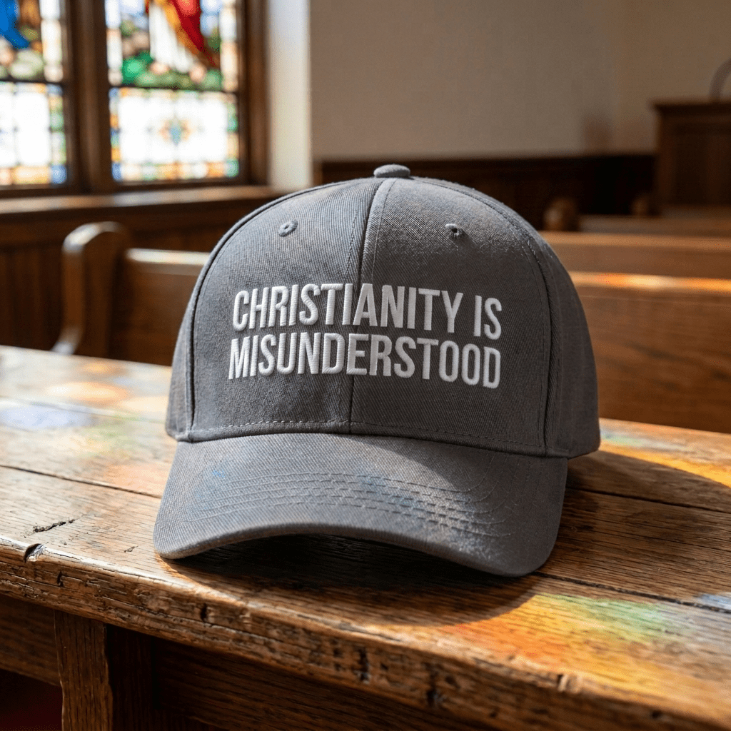 Black baseball cap with 'Christianity is misunderstood' embroidered in white, placed on a wooden church pew with stained glass light reflections.