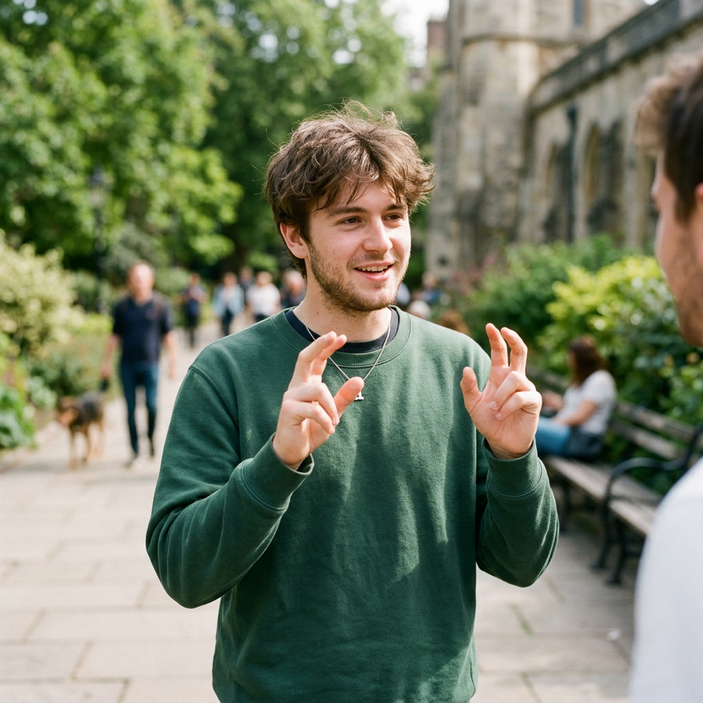 Young man in green sweatshirt gesturing while talking outdoors