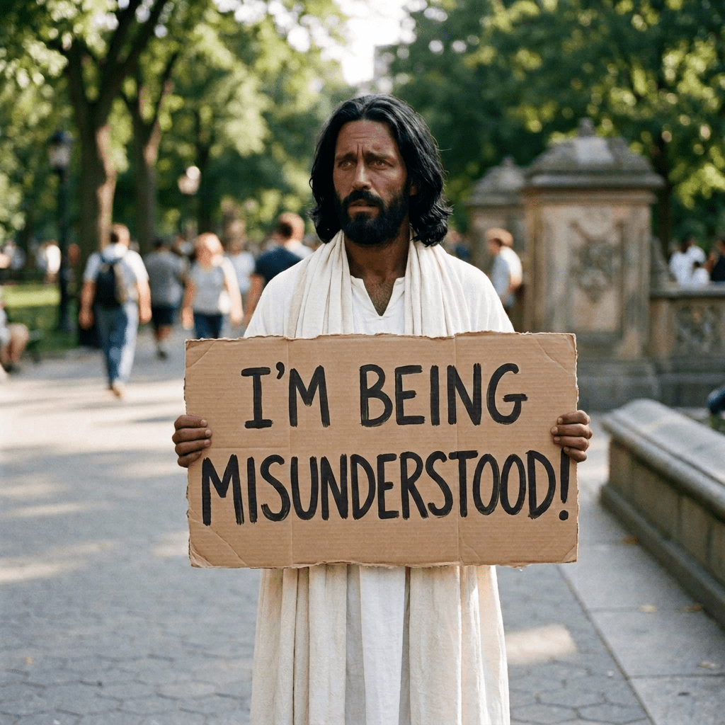 Man in white robes holding a cardboard sign reading 'I'M BEING MISUNDERSTOOD!' on a park walkway
