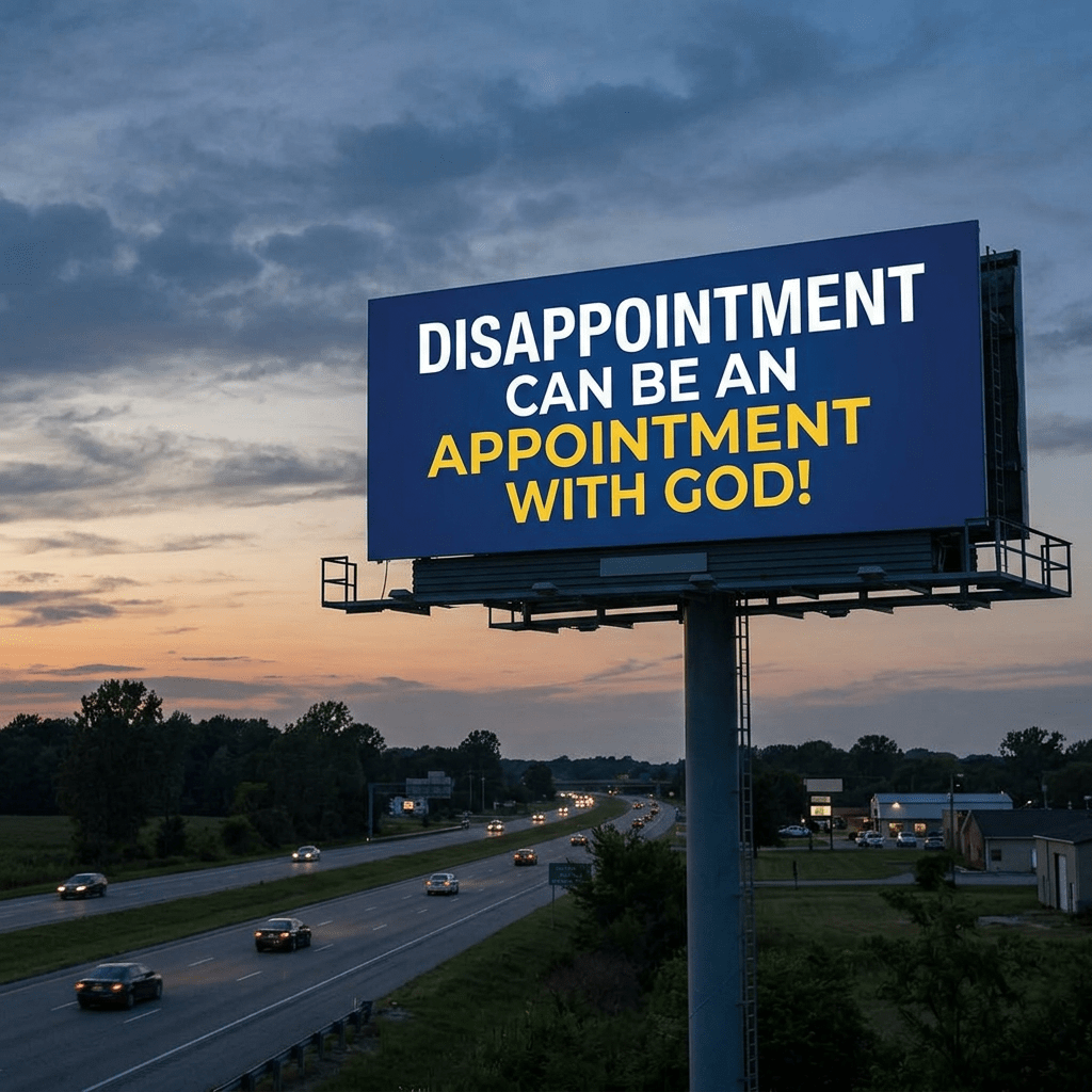 Billboard with text 'Disappointment can be an appointment with God!' over a highway at dusk