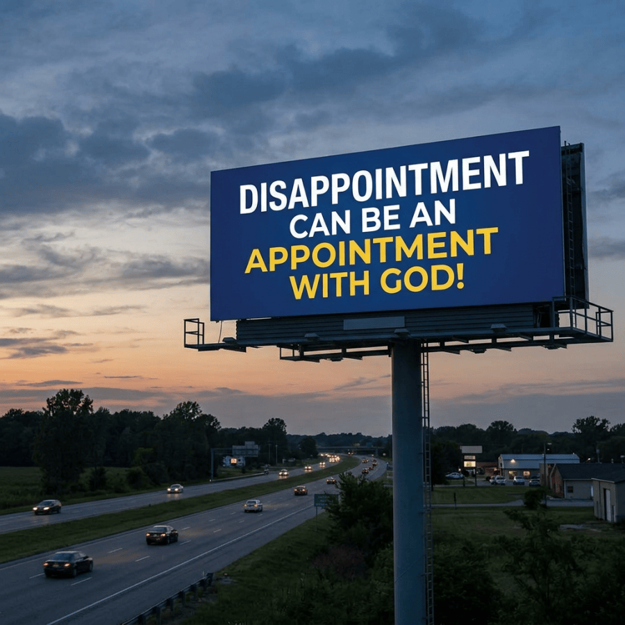 Billboard with text 'Disappointment can be an appointment with God!' over a highway at dusk