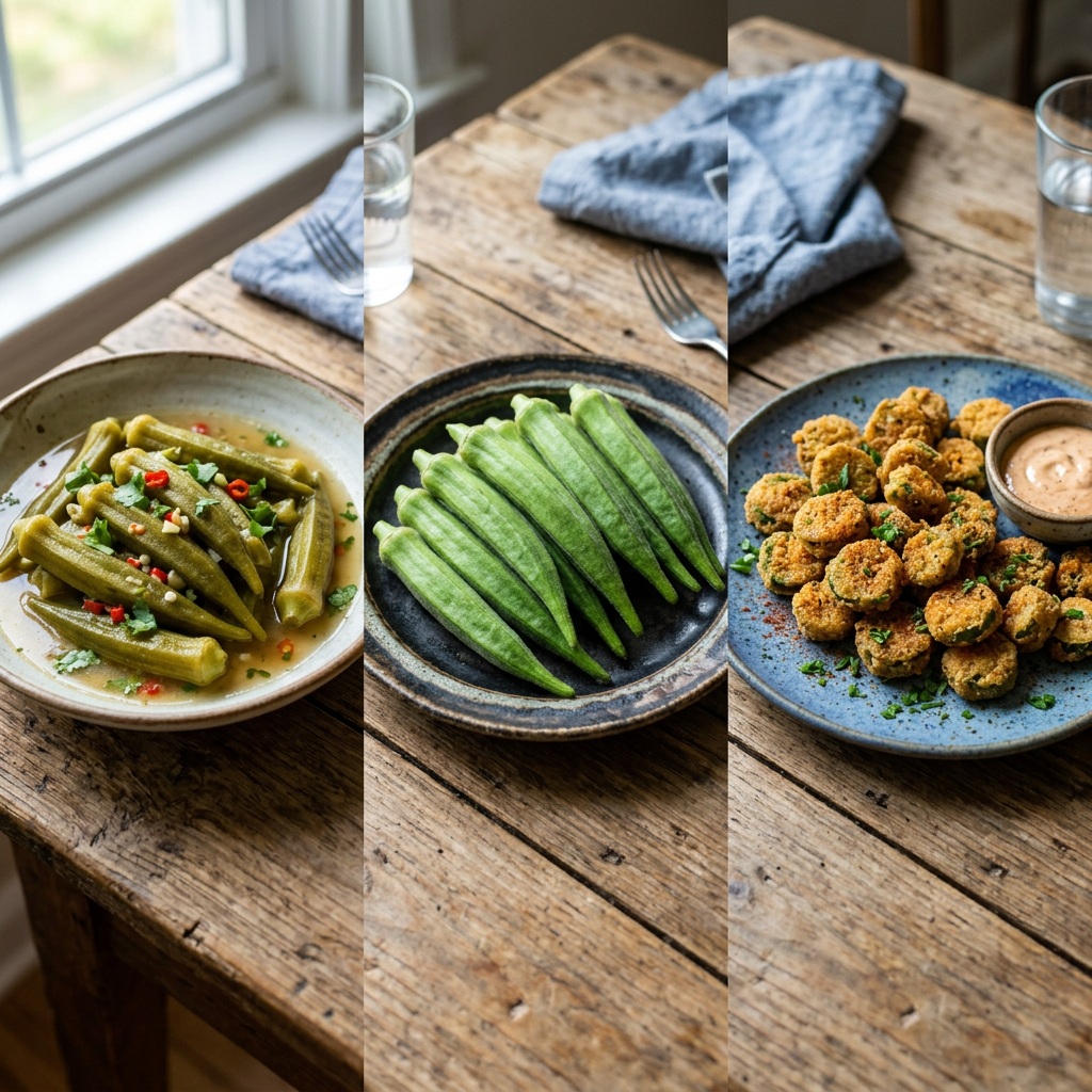 Three plates showing raw okra, cooked okra in broth with herbs and chili, and fried okra bites with dipping sauce