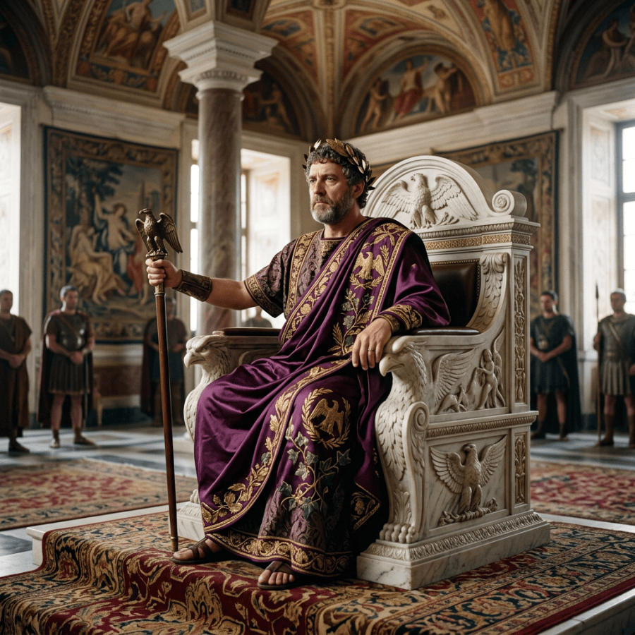 Laurel-crowned Roman ruler seated on an ornate eagle-carved throne