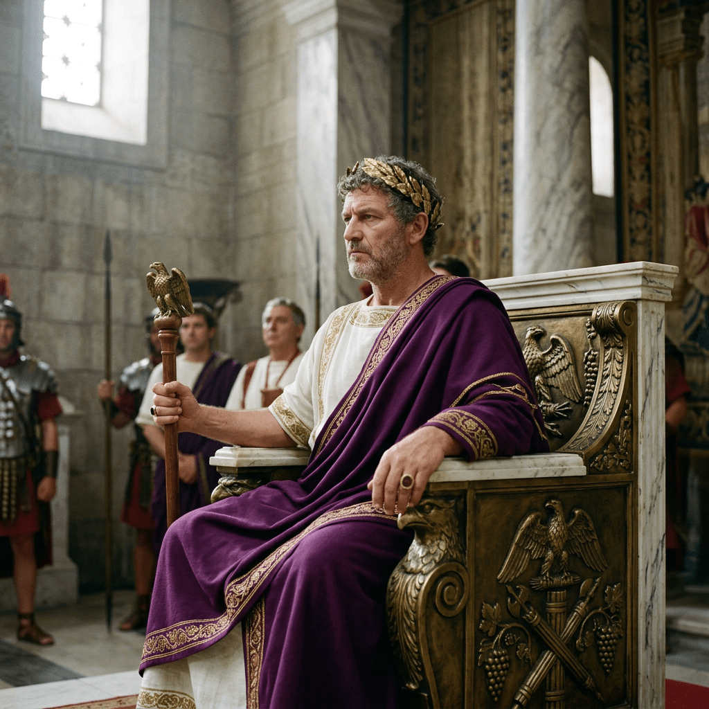 Roman ruler in purple robes seated on an ornate throne