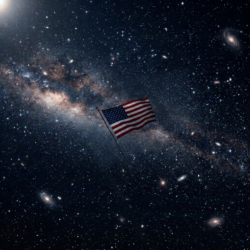 American flag floating above Earth with the Milky Way behind it