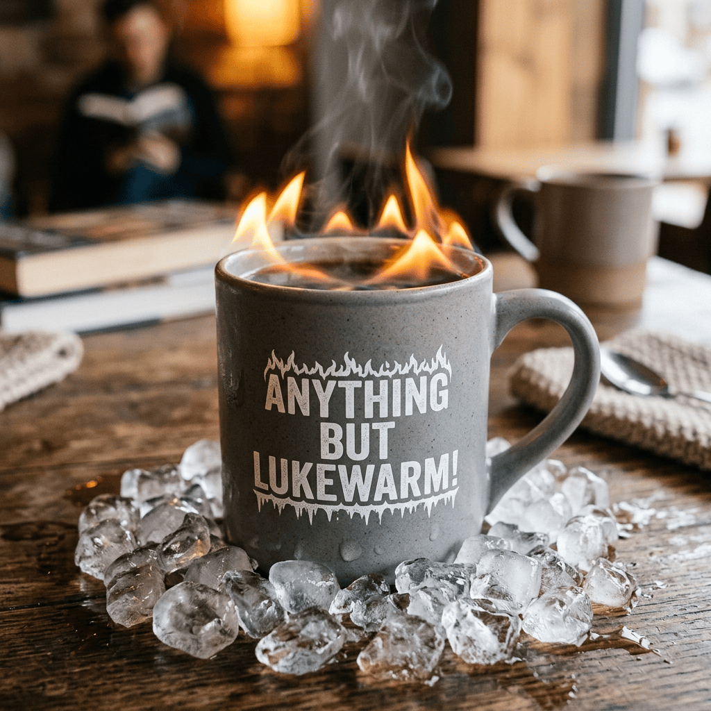 Gray mug reading “ANYTHING BUT LUKEWARM!” surrounded by ice and flames
