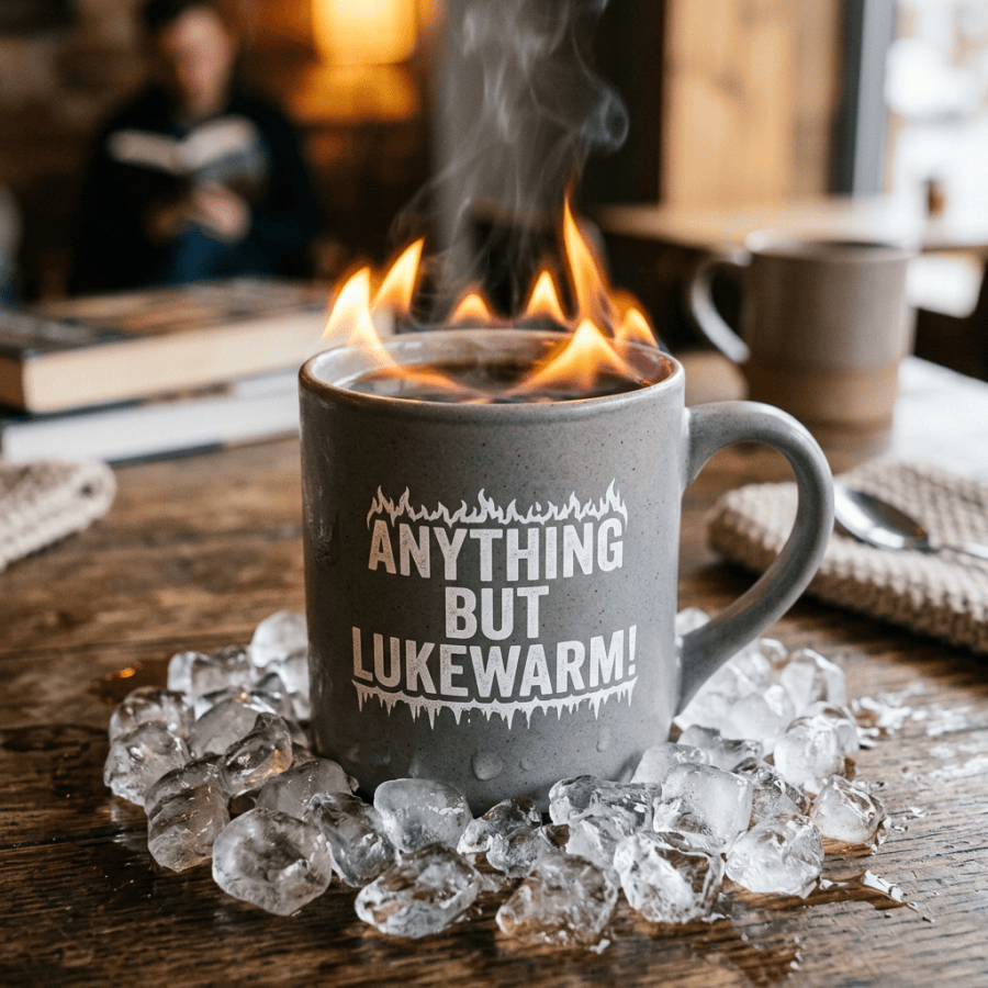 Gray mug reading “ANYTHING BUT LUKEWARM!” surrounded by ice and flames