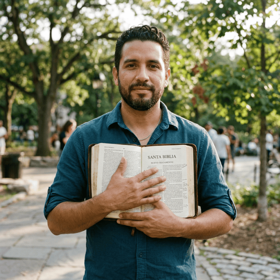 Man holding an open Spanish-language Bible in a leafy park