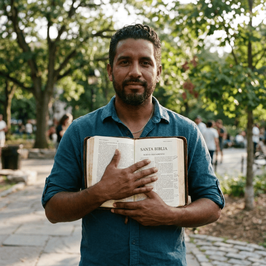 Man holding an open Spanish-language Bible in a leafy park