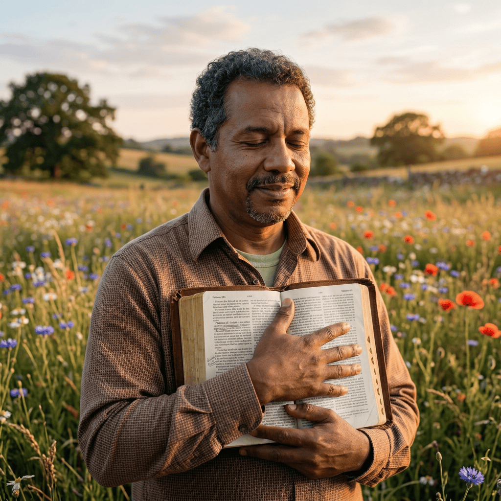 Man holding an open Bible inside a church