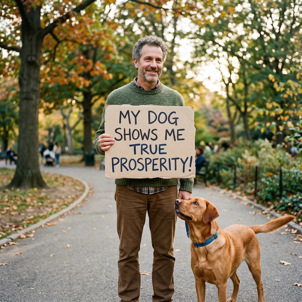 Man holding sign reading “MY DOG SHOWS ME TRUE PROSPERITY!” beside dog