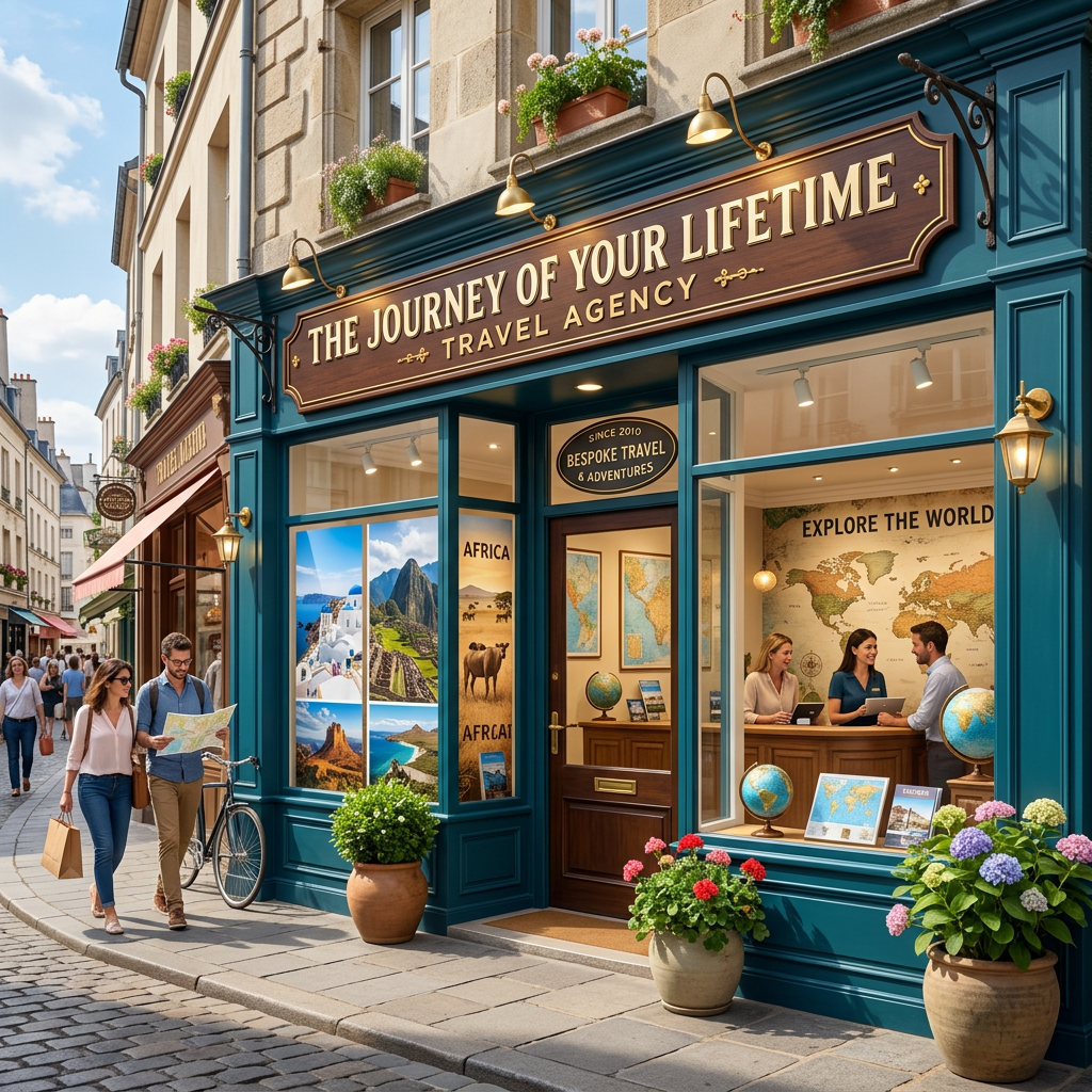 Travel agency storefront reading “The Journey of Your Lifetime Travel Agency”