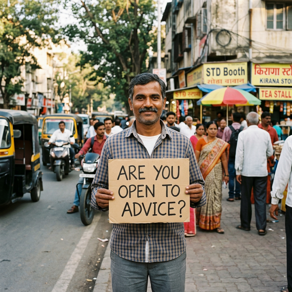 Man holding a sign reading “ARE YOU OPEN TO ADVICE?” on a busy street