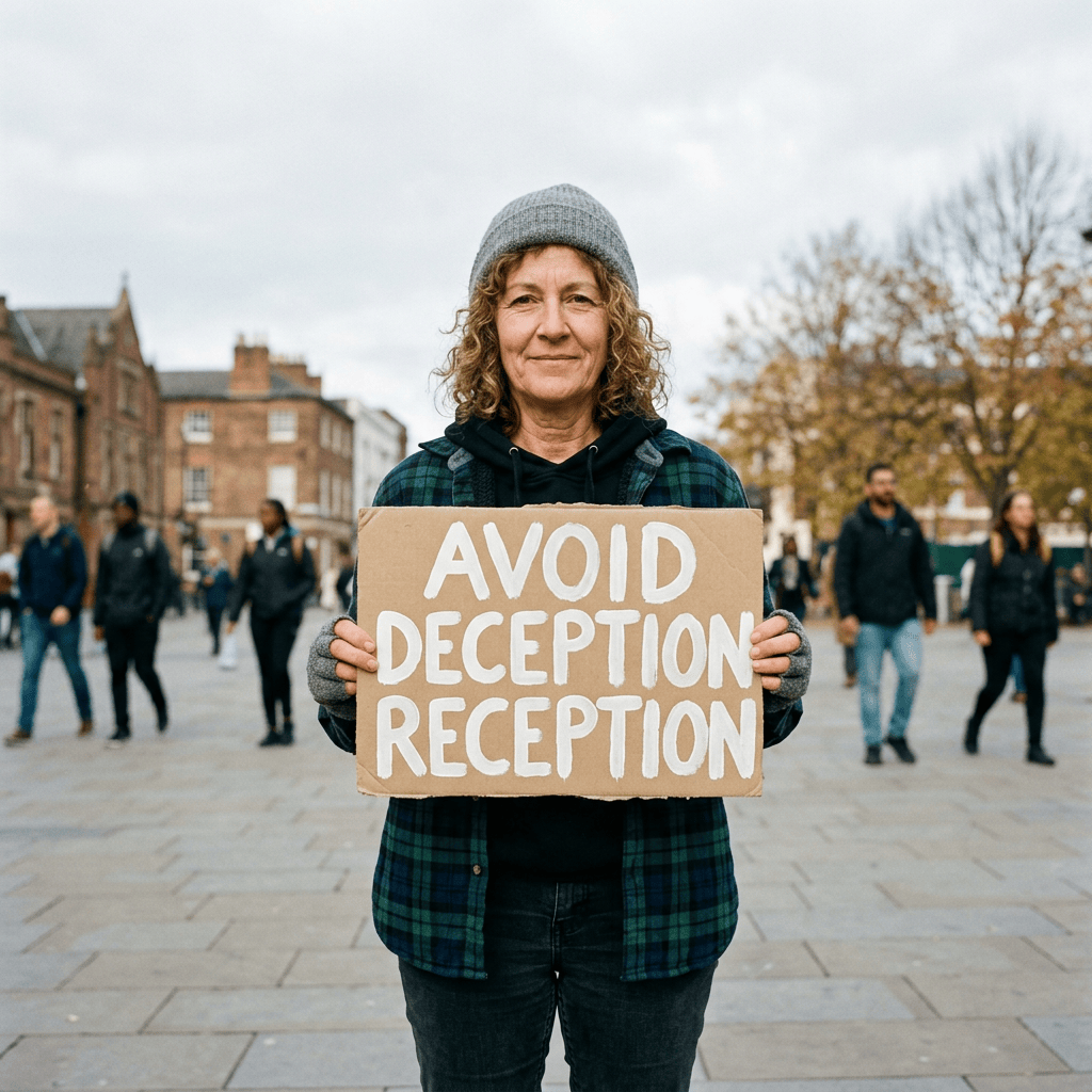 Woman holding a sign reading “AVOID DECEPTION RECEPTION” in a public square