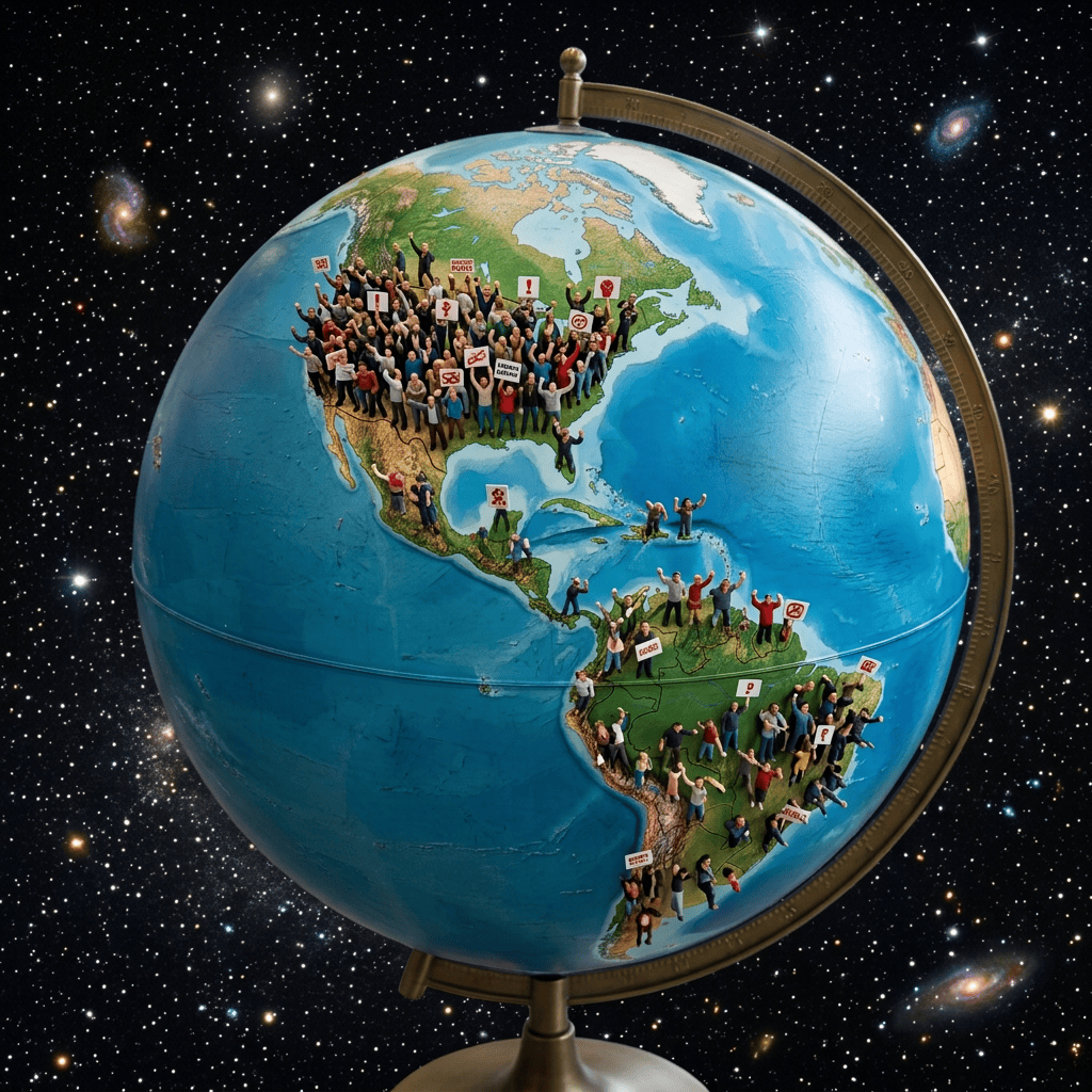 Globe marked with protesters and a sign reading “GLOBAL PROTEST”
