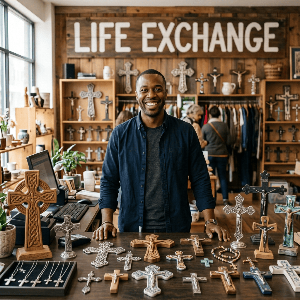 Smiling shopkeeper standing behind a bookstore counter beneath “LIFE EXCHANGE” sign