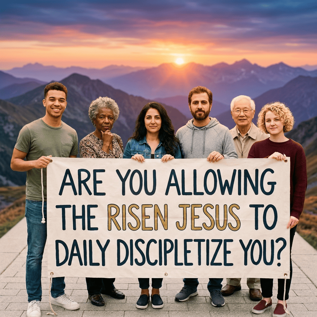Six people holding a banner reading, "ARE YOU ALLOWING THE RISEN JESUS TO DAILY DISCIPLETIZE YOU?"