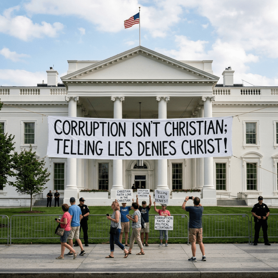 White House protest banner reads “CORRUPTION ISN’T CHRISTIAN; TELLING LIES DENIES CHRIST!” with signs reading “CHRISTIAN FAITH LONE THE CHRISTIAN,” “CORRUPTION ISN’T CHRISTIAN,” “TELLING LIES DENIES!,” and “CORRUPTION FAITH OF POLITICAL ACCOUNTABILITY.”