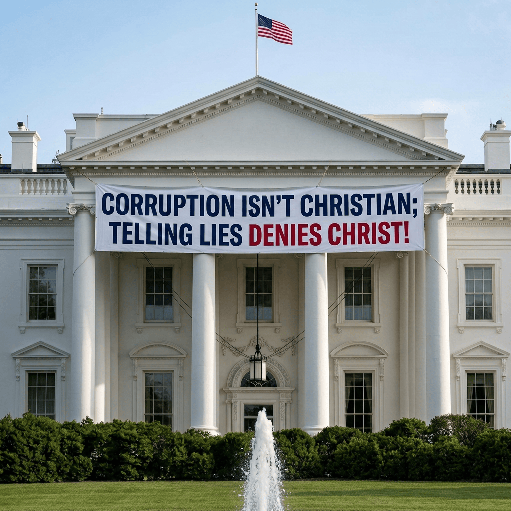 White House with banner reading “CORRUPTION ISN’T CHRISTIAN; TELLING LIES DENIES CHRIST!”