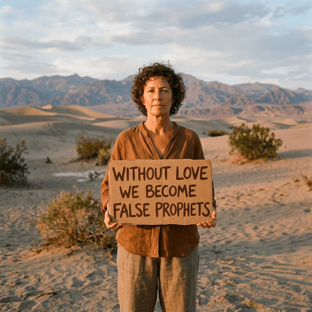 Person holding sign reading “WITHOUT LOVE WE BECOME FALSE PROPHETS.”