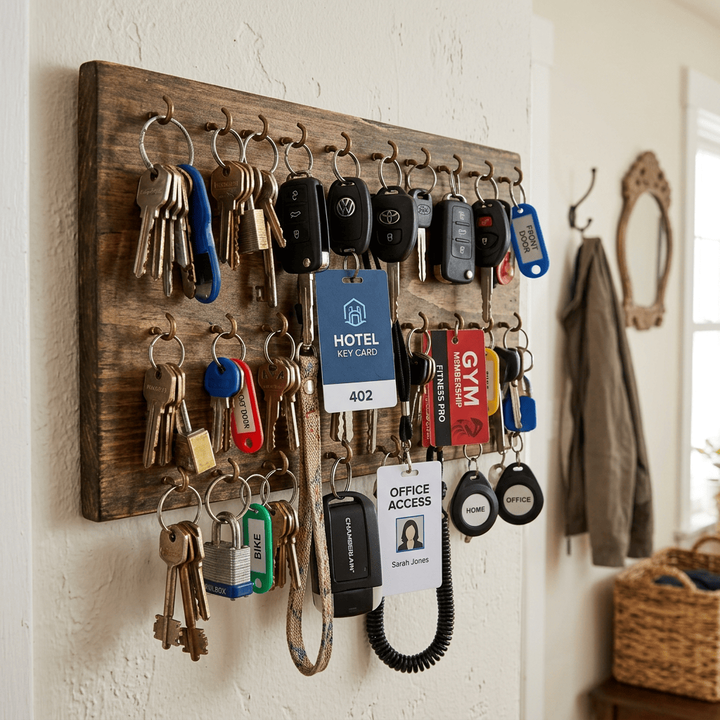 Wooden key rack with labeled keys, car fobs, hotel card 402, gym and office access cards