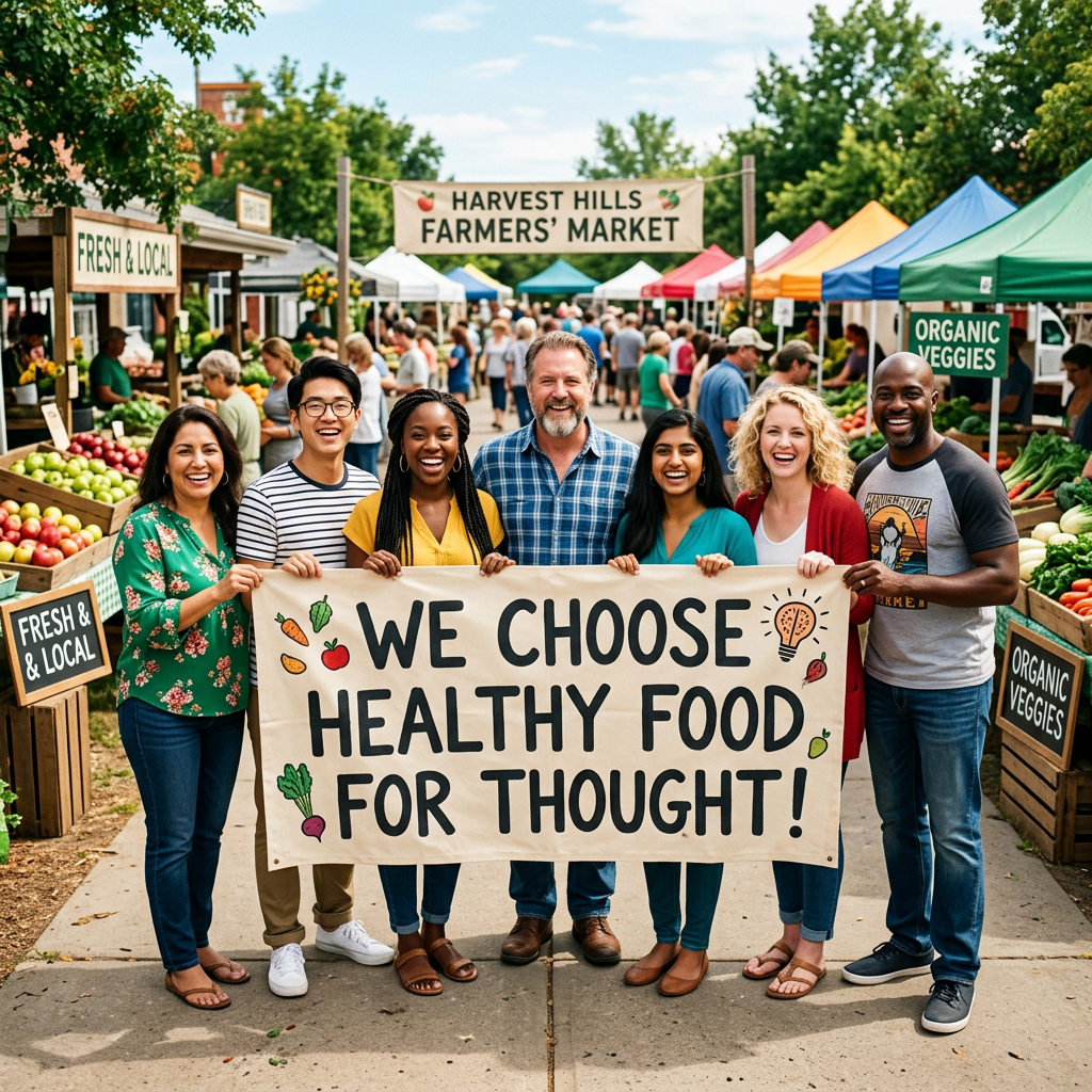 Six people hold a sign reading “WE CHOOSE HEALTHY FOOD FOR THOUGHT!” at a farmers’ market