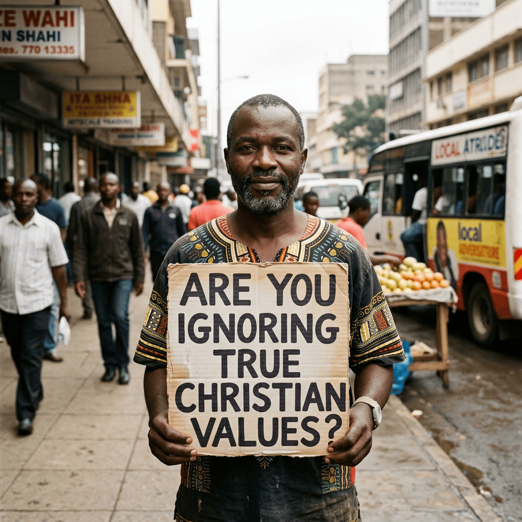 Man holding sign reading “ARE YOU IGNORING TRUE CHRISTIAN VALUES?” on busy city street