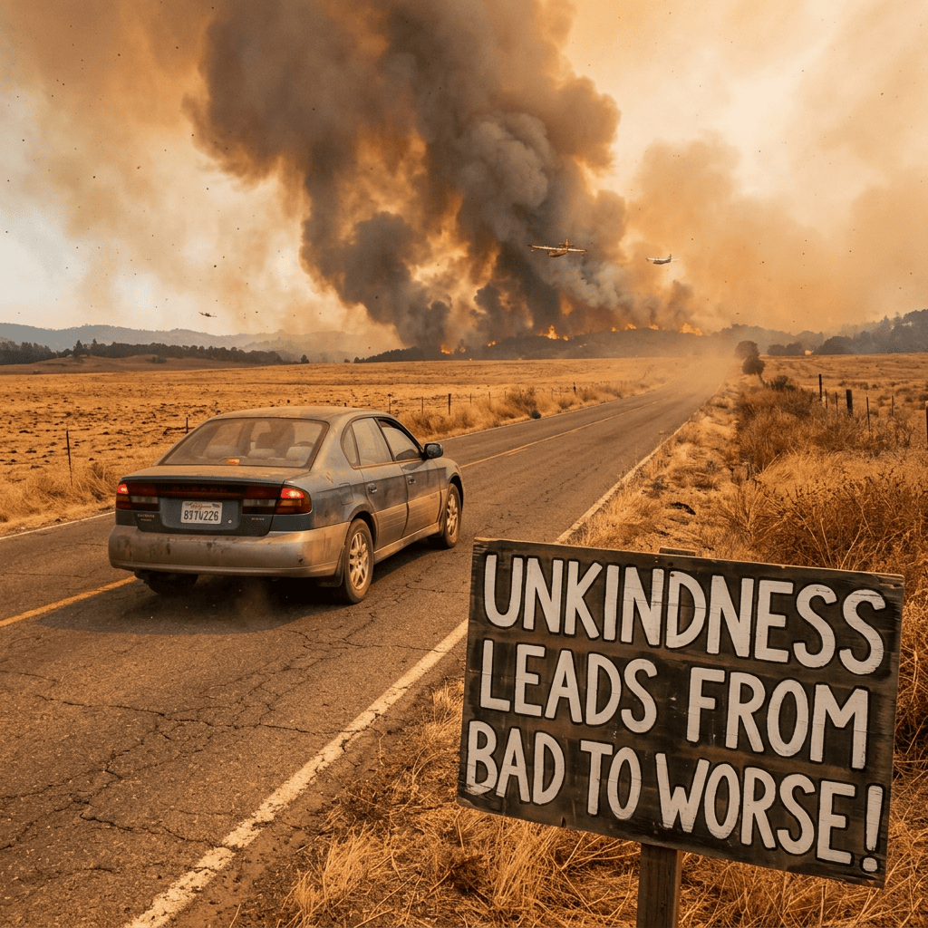 Car on road near wildfire with sign reading “UNKINDNESS LEADS FROM BAD TO WORSE!”